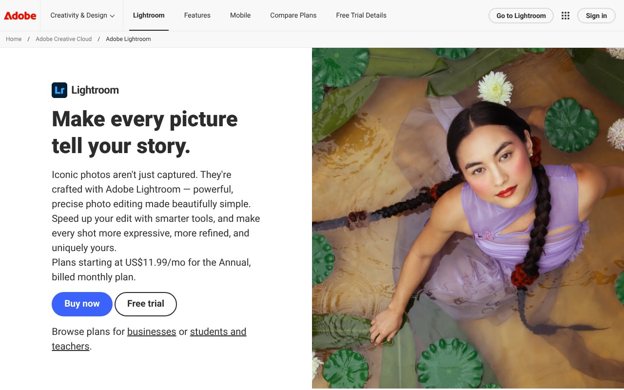 Adobe Photoshop Lightroom homepage screenshot
