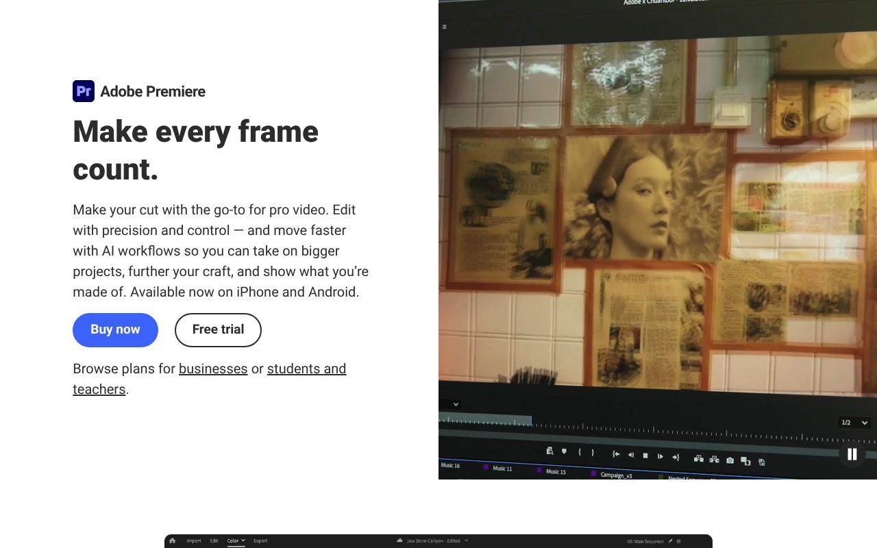Adobe Premiere Pro homepage screenshot