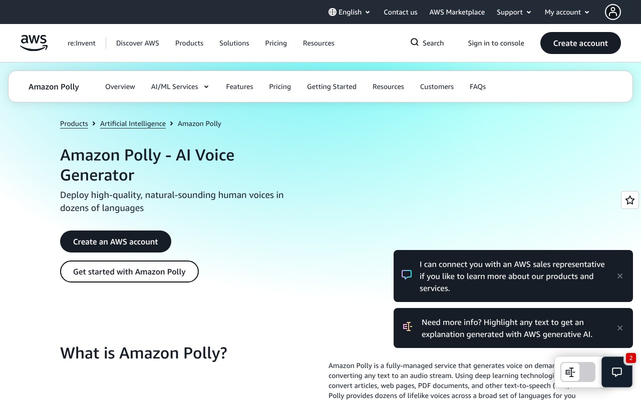 Amazon Polly homepage screenshot