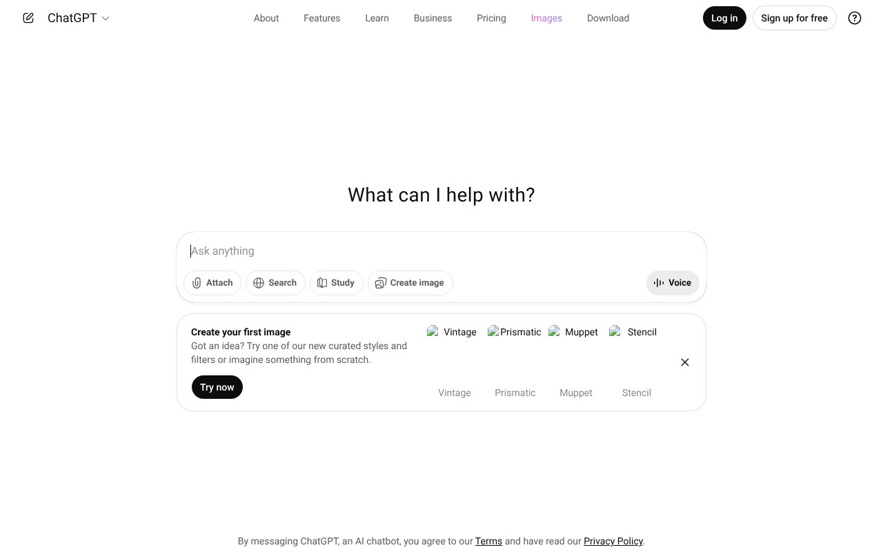 ChatGPT Images homepage screenshot