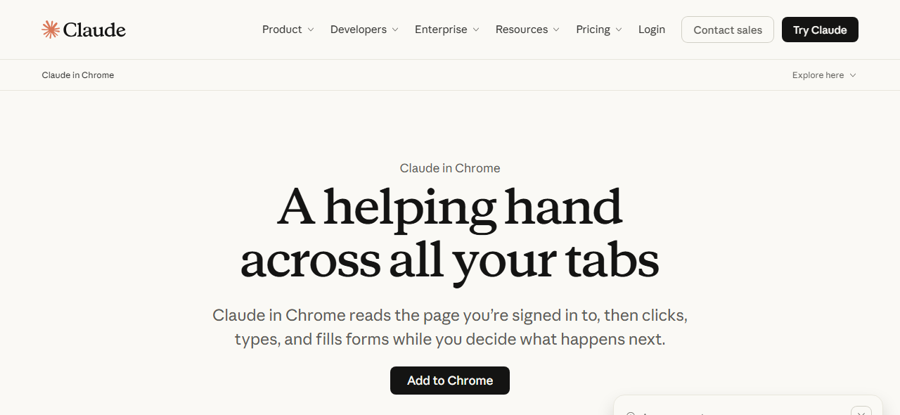 Claude in Chrome homepage screenshot