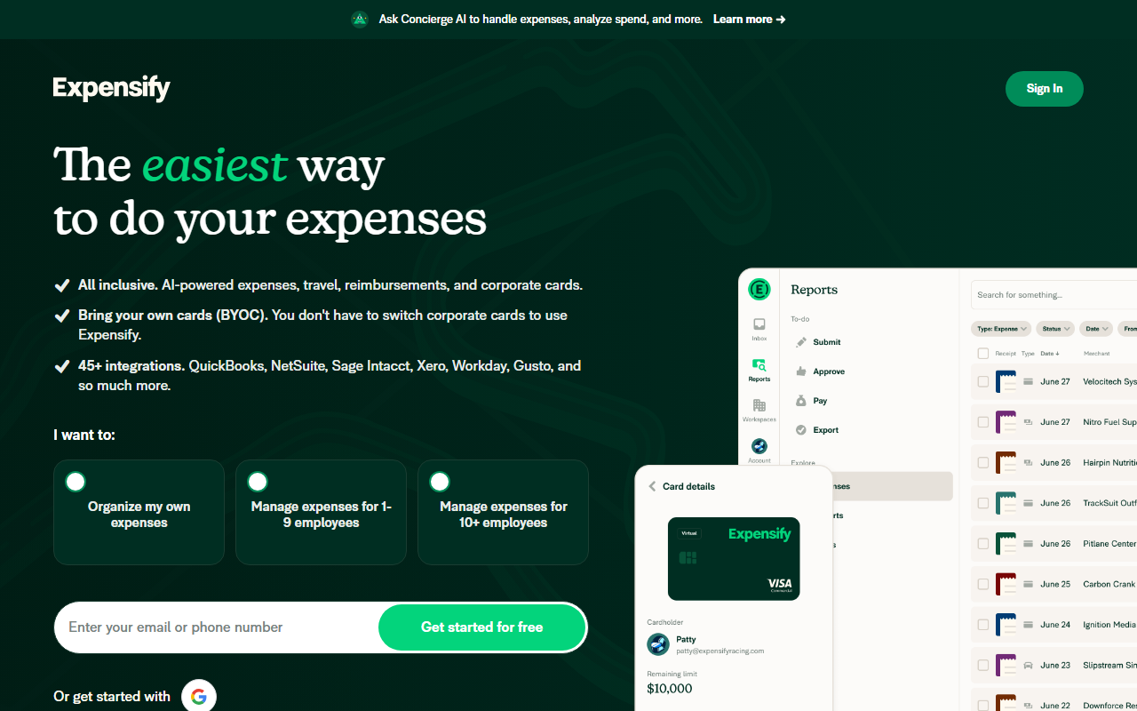 Expensify homepage screenshot