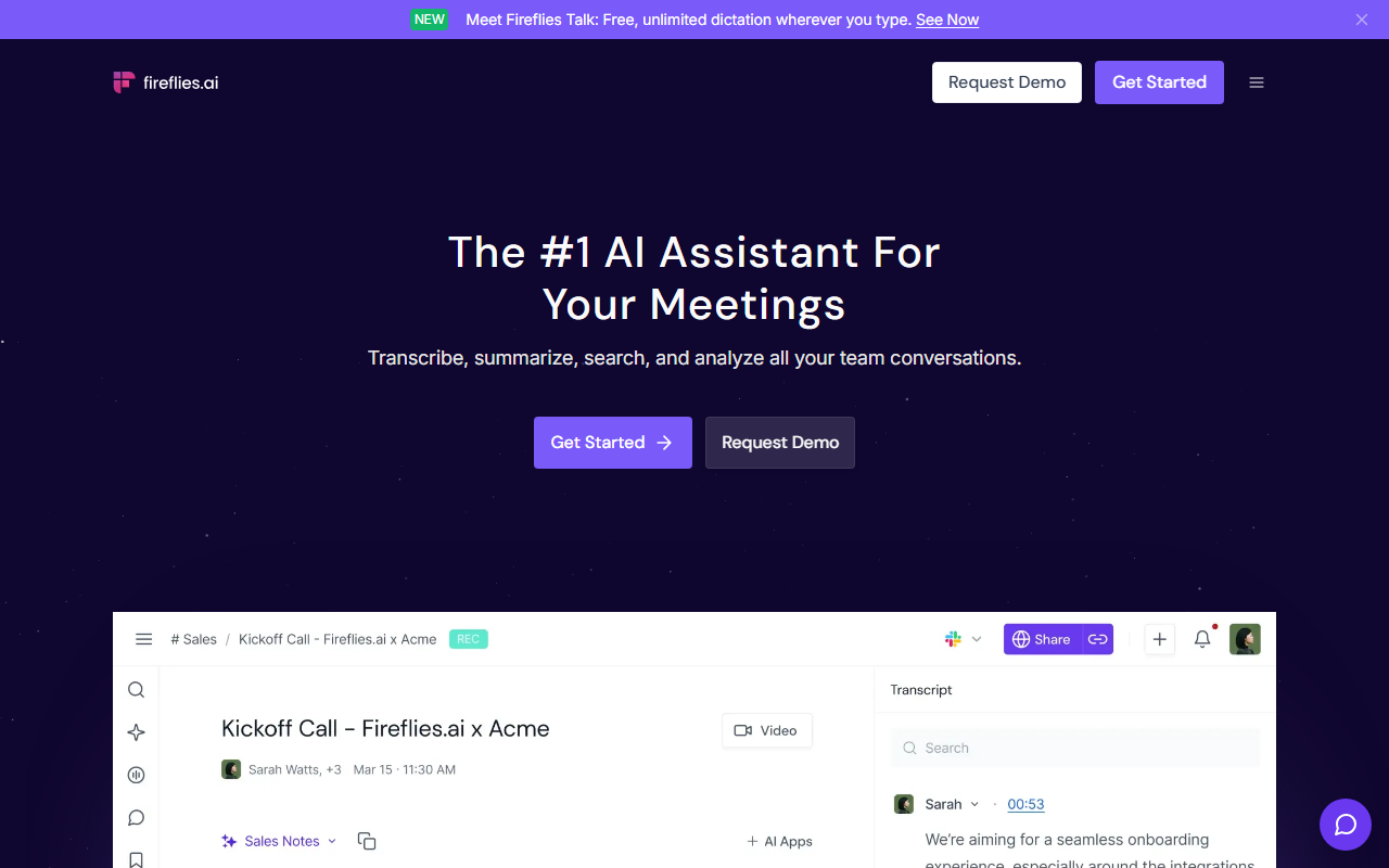 Fireflies.ai homepage screenshot