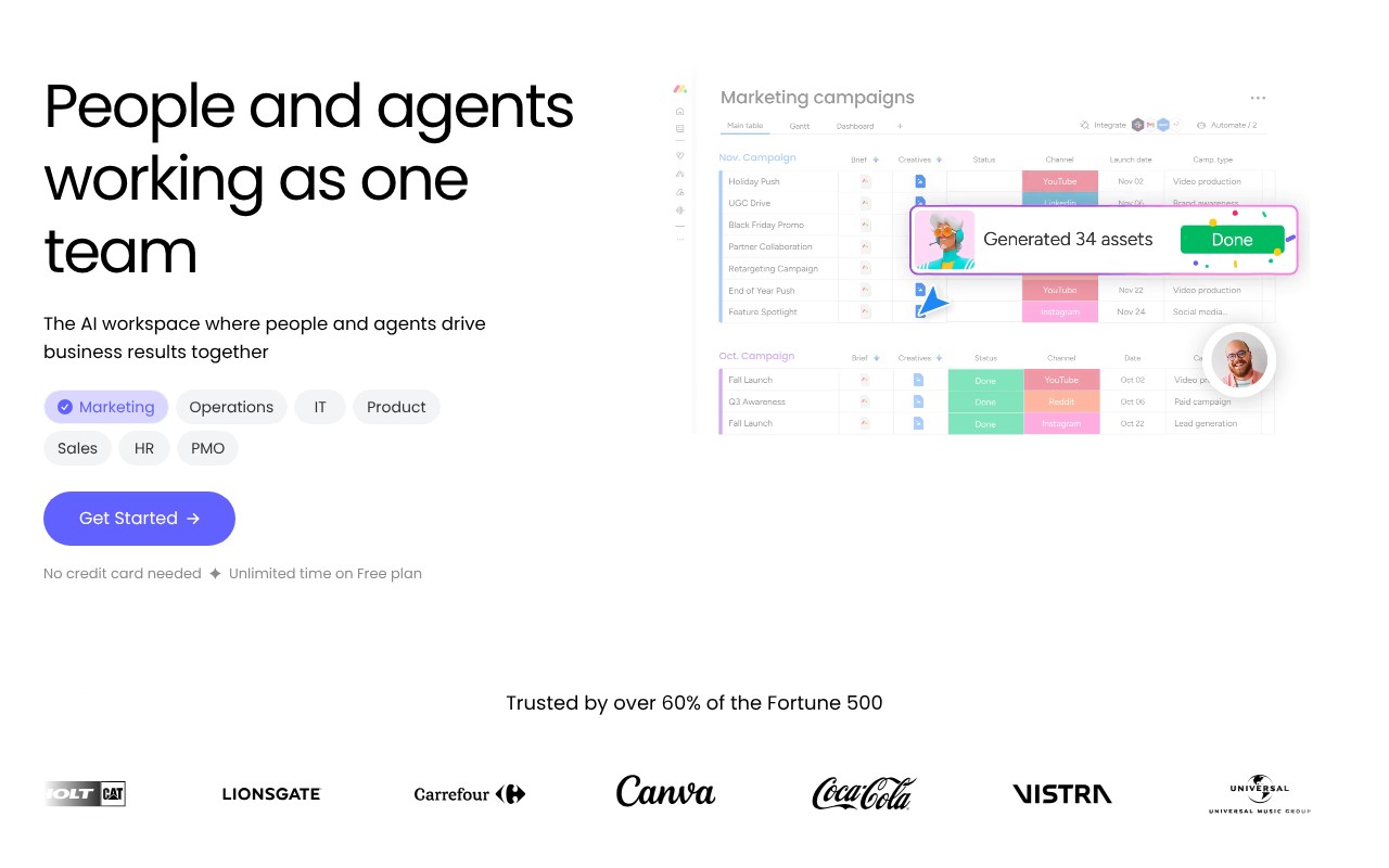 monday AI Work Platform homepage screenshot
