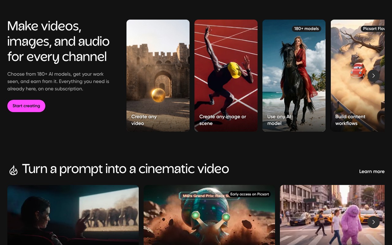 Picsart homepage screenshot