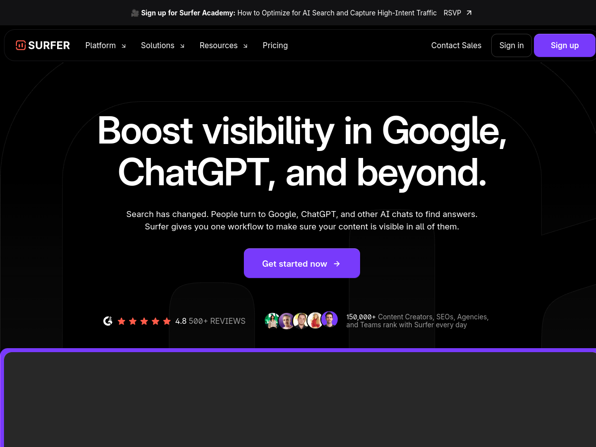 Surfer homepage screenshot