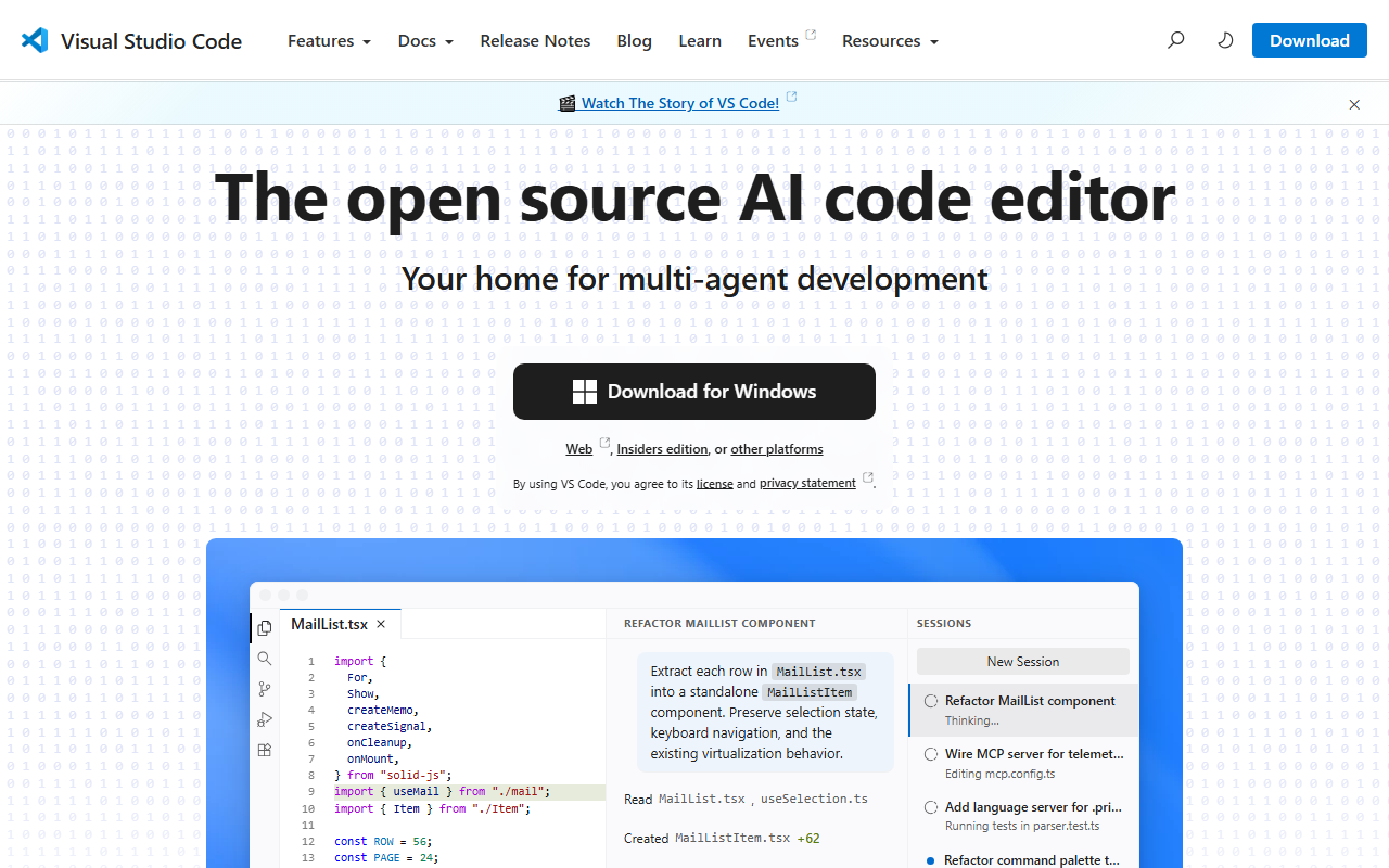 Visual Studio Code homepage screenshot
