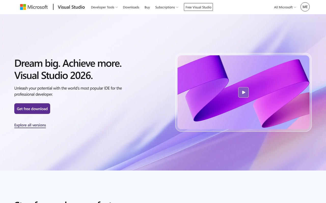 Visual Studio homepage screenshot