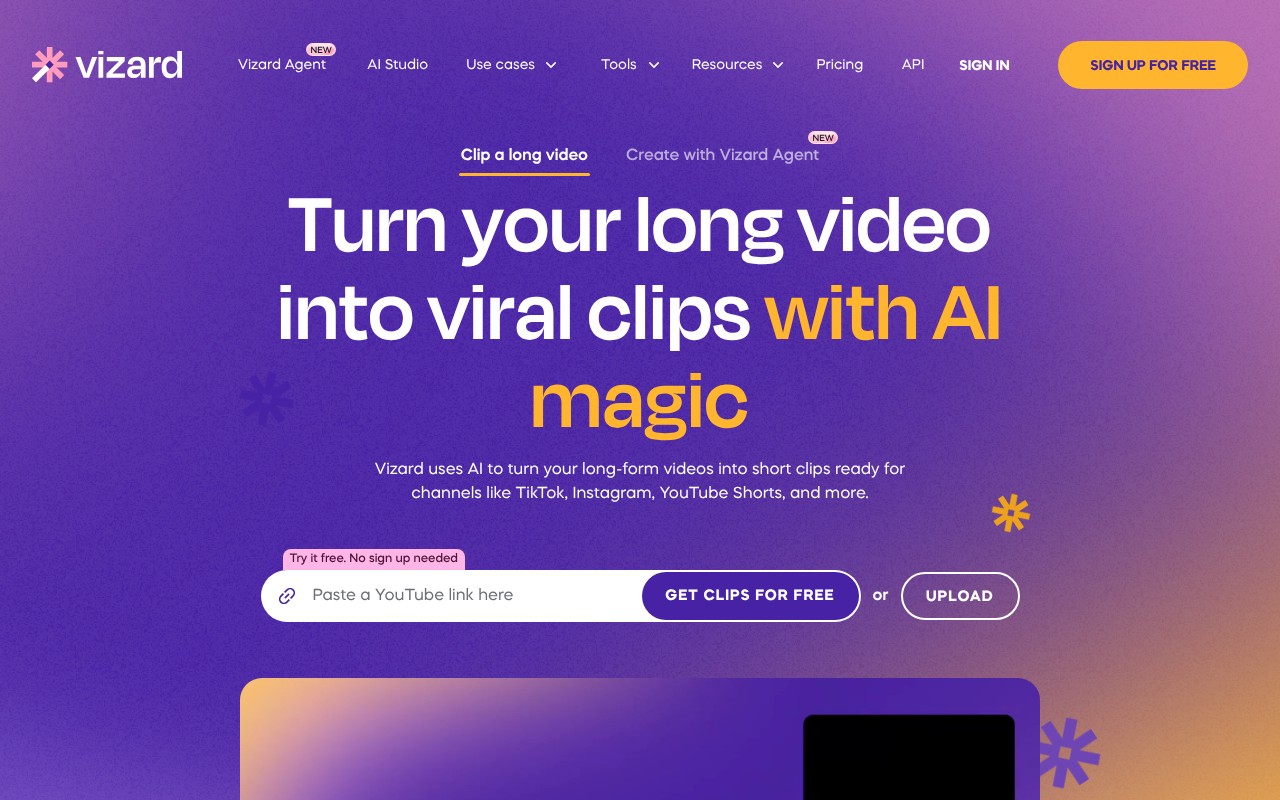 Vizard homepage screenshot