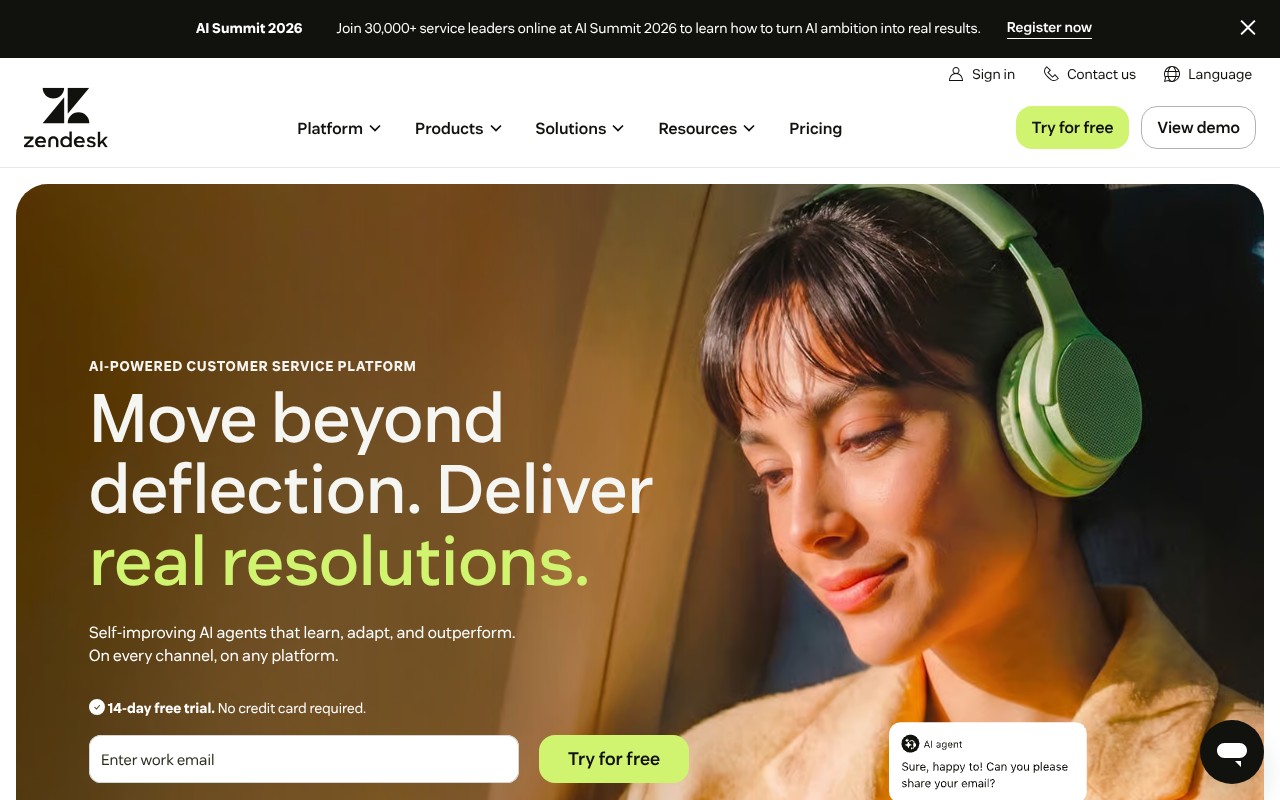 Zendesk for Customer Service - AC homepage screenshot