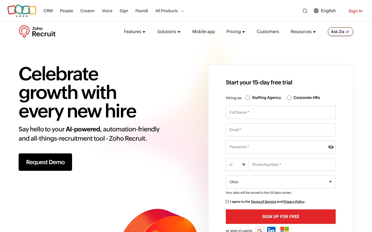 Zoho Recruit homepage screenshot