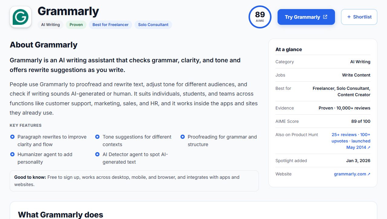 An AI Made Easy tool page with the name and logo at the top, the About text, key features, good to know, and an At a glance box with category and website